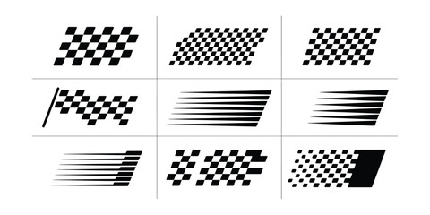 Assorted Racing Flags and Speed Lines: Black and White Vector Graphics Collection