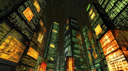 Futuristic city skyline at night with illuminated buildings.