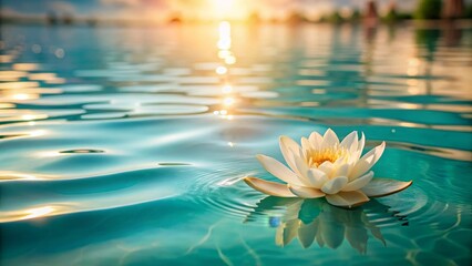 Serene Water Lily Floating on Calm Teal Water at Sunset
