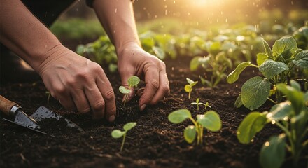 Fototapeta premium Close-up of weathered hands planting seedlings into rich, dark soil with golden sunlight breaking through
