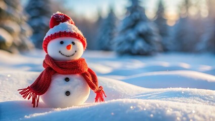 A cheerful snowman, adorned in a cozy red knitted hat and scarf, sits serenely amidst a picturesque winter wonderland, bathed in the soft glow of the setting sun.