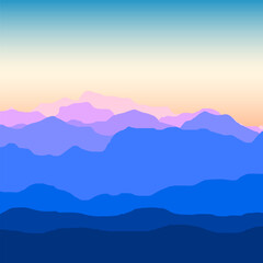 minimalist landscape of layered blue and purple mountains under a soft gradient sky