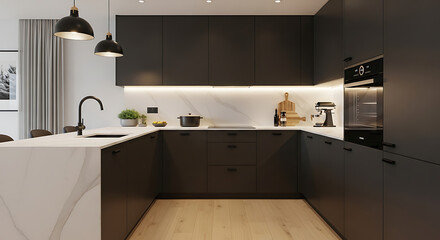 Modern kitchen interior design with dark cabinets and a marble countertop.