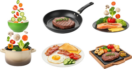 Steak cooking and meals fresh salmon with cheese and breakfast with egg bacon toast and vegetables transparent background