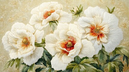 Exquisitely detailed hand-stitched peonies in cream and ivory tones.