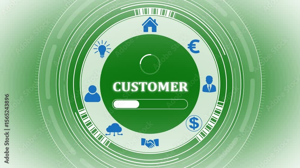 Poster a customer concept button on a clear projection ,blue wave digital data flow. seamless loop technolo