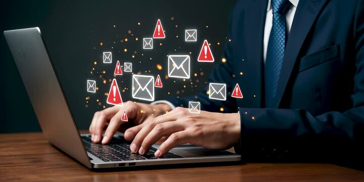 Businessman typing on laptop with warning email icons, symbolizing phishing, email threats, malware, scam alerts, cybersecurity risks, spam, fraud, and data breach danger in digital communication.