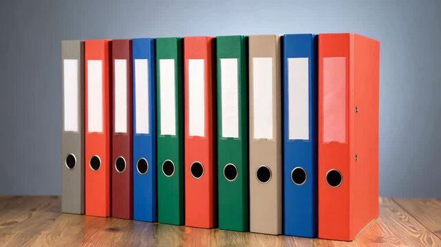 Colorful office binders arranged in a row on a wooden surface for organizing paperwork and files