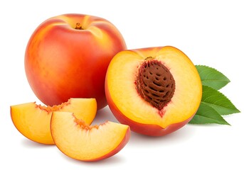 Fresh peaches and slices isolated on white background