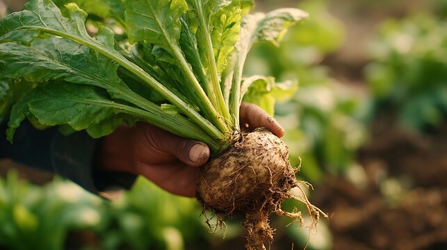 Harvesting a fresh organic turnip from a farm field showcases agriculture practices for healthy