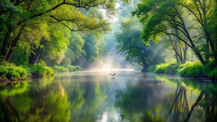 Obraz premium Serene River Mist A Bird's Flight Through Verdant Foliage and Tranquil Waters at Dawn