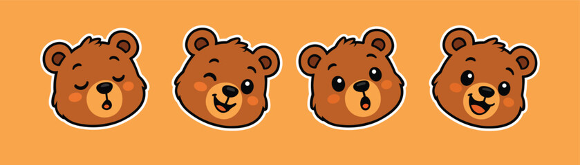 Cute Bear Head Stickers Bundle Vector