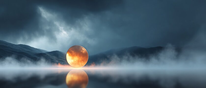 Enigmatic orb reflecting fiery sky over foggy water - Powered by Adobe