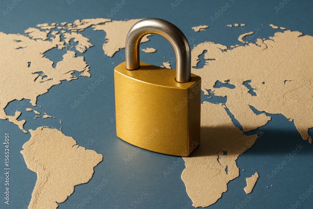Poster global security concept: a symbolic representation of global security, featuring a closed padlock po