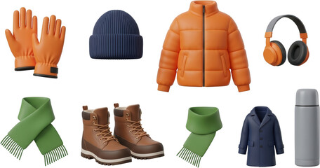 Collection of winter clothing and accessories including gloves beanie puffer jacket boots scarves coat and thermos transparent background