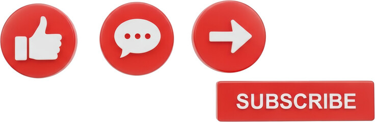 Red social media icons with like chat share and subscribe buttons isolate