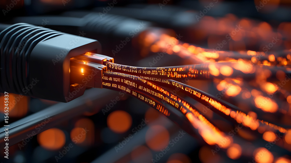 Poster network connection with glowing data streams. close-up view of a data cable plug, showing numerous s