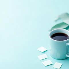 Minimalist Baby Blue Flat Surface Coffee Setup with Sweets and Accessories
