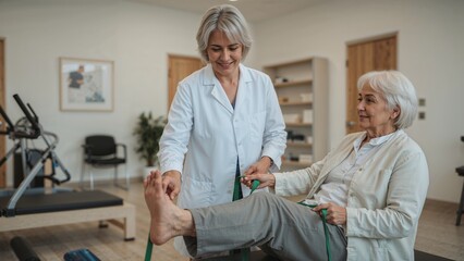 A physical therapist assists an elderly woman with foot exercises using a green resistance band in a clinic