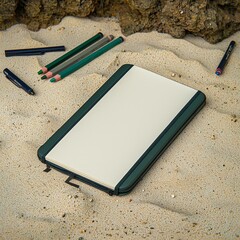 Flat Lay of Blank Notebook on Soft Tan Surface with Colorful Pencils Surrounding It