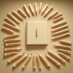 Flat Lay of Colored Pencils Surrounding a Blank Notebook on a Soft Tan Surface