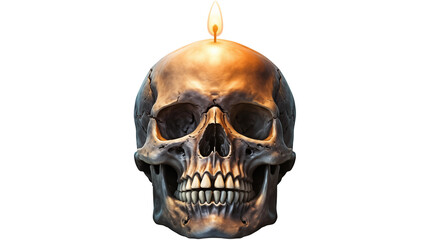 A skull with a burning candle provides a dramatic symbol of mortality and gothic themed decor against a transparent background.