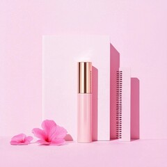 Trendy Flat Lay of Pastel Accessories with Floral Accents on Soft Pink Background