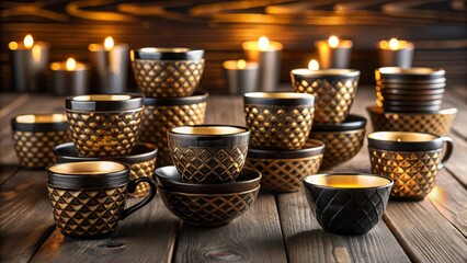 Elegant dark and gold patterned ceramic teacups and bowls arranged on a wooden surface with warm candlelight ambiance