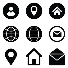 Collection of Contact Icons Depicting Location, Email, Website, and User Profile Representations for Various Communication and Information Channels