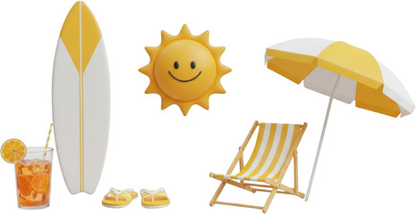 Bright summer beach essentials including surfboard sun drink deck chair umbrella and flip flops isolate