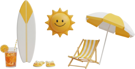 Bright summer beach essentials including surfboard sun drink deck chair umbrella and flip flops isolate