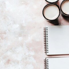 Trendy Pastel Accessories Flat Lay with Notebooks and Coffee Cups on Soft Background