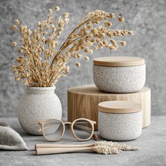 Elegant Display of Modern Decor with Natural Elements and Light Concrete Background