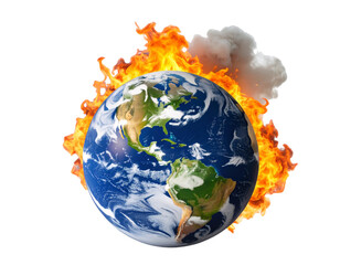  Burning Earth Globe with Flames and Smoke, Isolated on Transparent Background  PNG