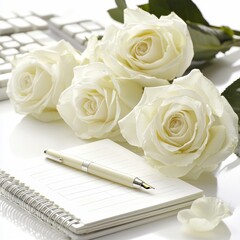 Neat White Desk with Planner and White Roses in Elegant Arrangement