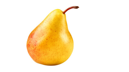 A vibrant yellow pear with a stem presents a fresh fruit concept against a stark transparent background, highlighting its natural appeal.