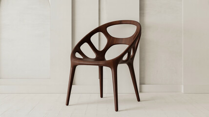 A modern sculptural chair photographed against a plain white wall and floor