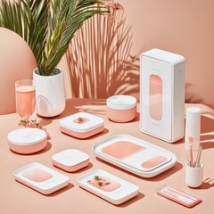 Compact Desk Setup with Peach Background and Modern Office Accessories