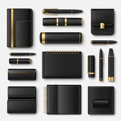 Elegant Black and Gold Stationery Collection on Soft Textured Grey Background