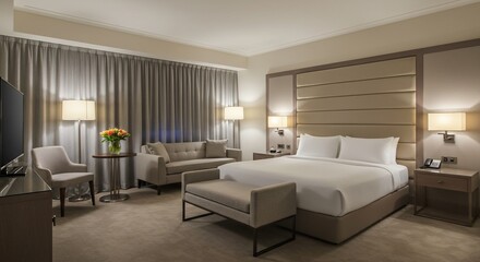 Fototapeta premium Luxurious Hotel Room Interior with Cozy Seating Area