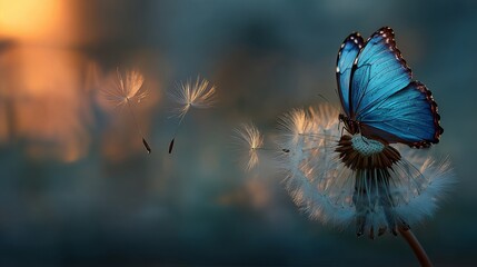Blue morpho butterfly and dandelion. Seeds of a dandelion flower on a background of sunrise.