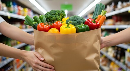 Close up Hand hold Fresh Healthy vegetable and fruit at brown paper bag. Grocery Shopping Healthy and diet food photo concept