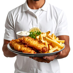 Man Holding Fish and Chips Plate with One Hand, Angled Pose and Visible Elbow, isolated on transparent background PNG