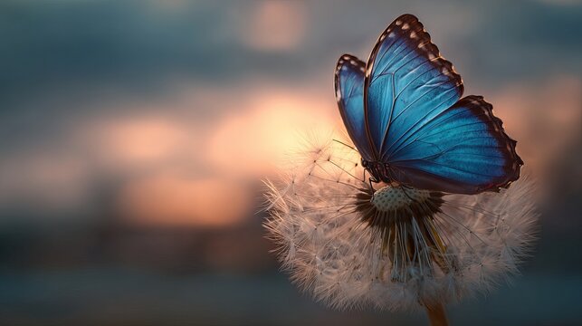 Fototapeta Blue morpho butterfly and dandelion. Seeds of a dandelion flower on a background of sunrise.