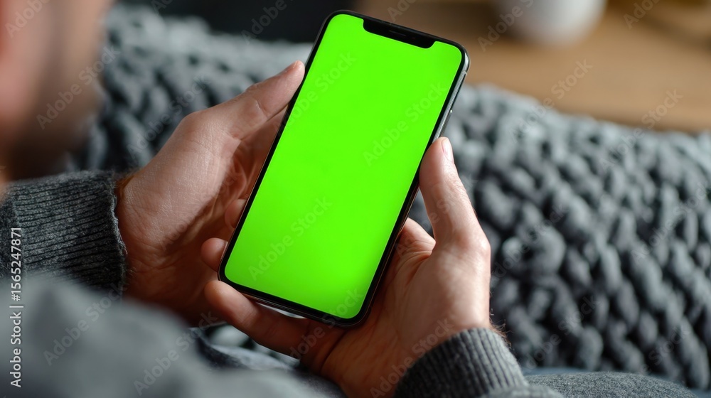 Poster detailed view of a guys fingers wrapped around a smartphone displaying a bright green mockup screen 