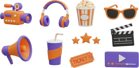 Orange and purple 3D movie icons camera headphones popcorn sunglasses megaphone drink stars ticket and player transparent background