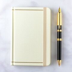 Elegant White Marble Background with Flat Lay of Notebook and Pen