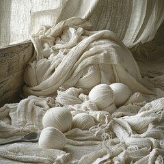 Soft Beige Linen Texture with Yarn and Fabric Draped in Pastel Tones