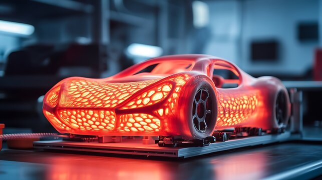 Close up of a red glowing lattice car model on a platform in a dimly lit industrial setting