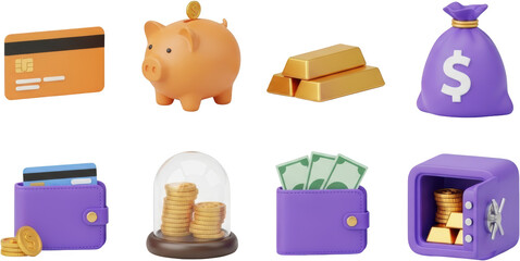Collection of financial icons credit card piggy bank gold bars money bag wallets coins and safe transparent background